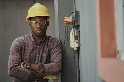 HVAC technician portrait beside an electrical disconnect box