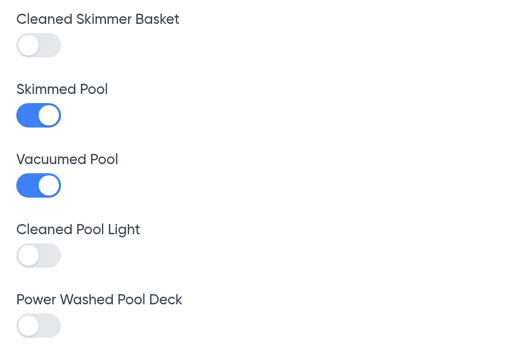 Real Service Grep pool cleaning checklist showing skimmer, vacuum, and deck maintenance toggles