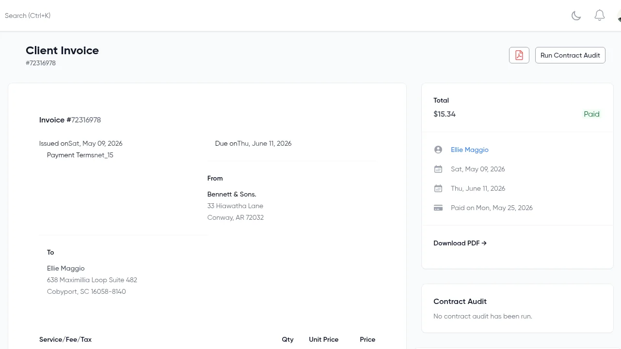 Real Service Grep client invoice showing line items, total, and paid status