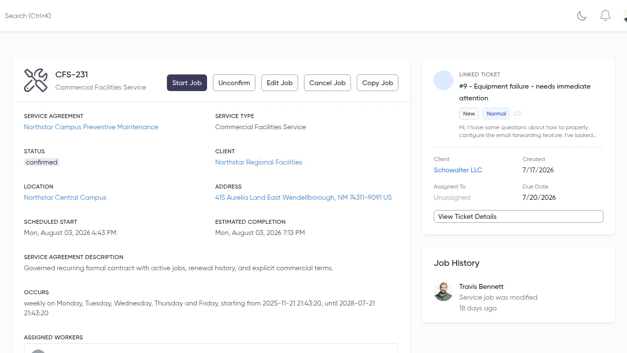 Real Service Grep job tracking form showing schedule, linked ticket, and job history