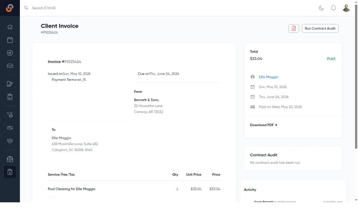 ServiceGrep invoice detail showing a paid client invoice