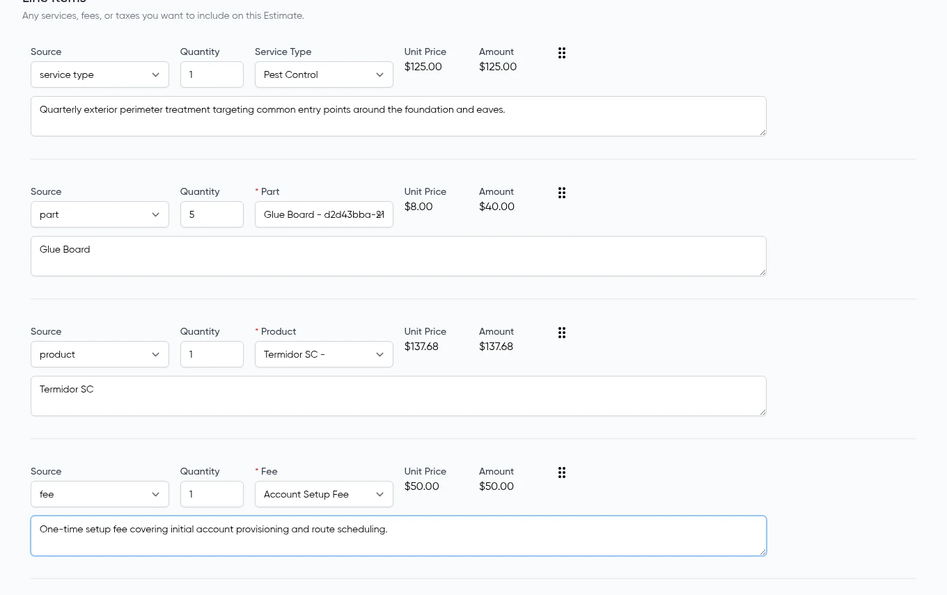 The Service Grep estimate builder showing line items for a pest control job with pricing