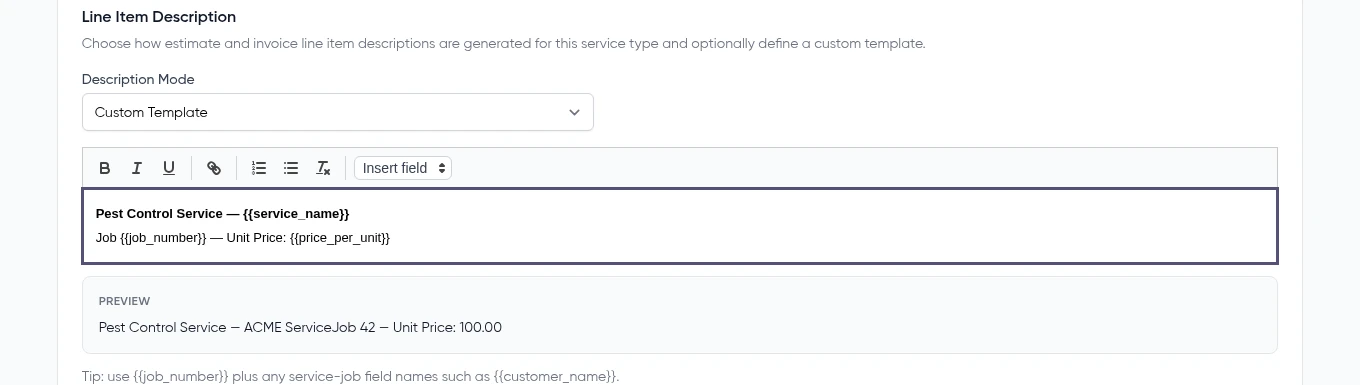 Configuring a custom line item description template for a Service Grep service type, with variable fields and a live preview