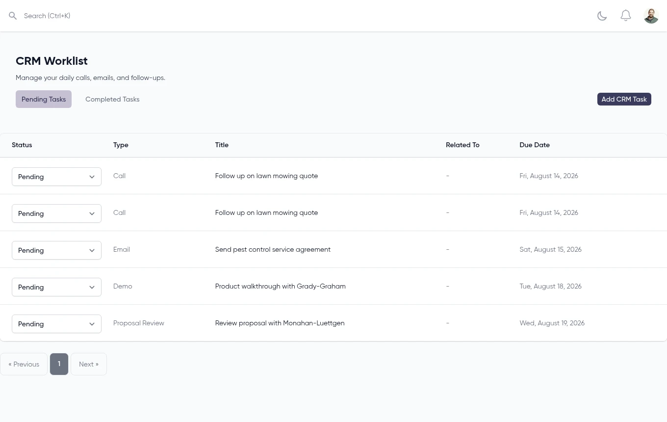 CRM worklist with call, email, and demo follow-up tasks