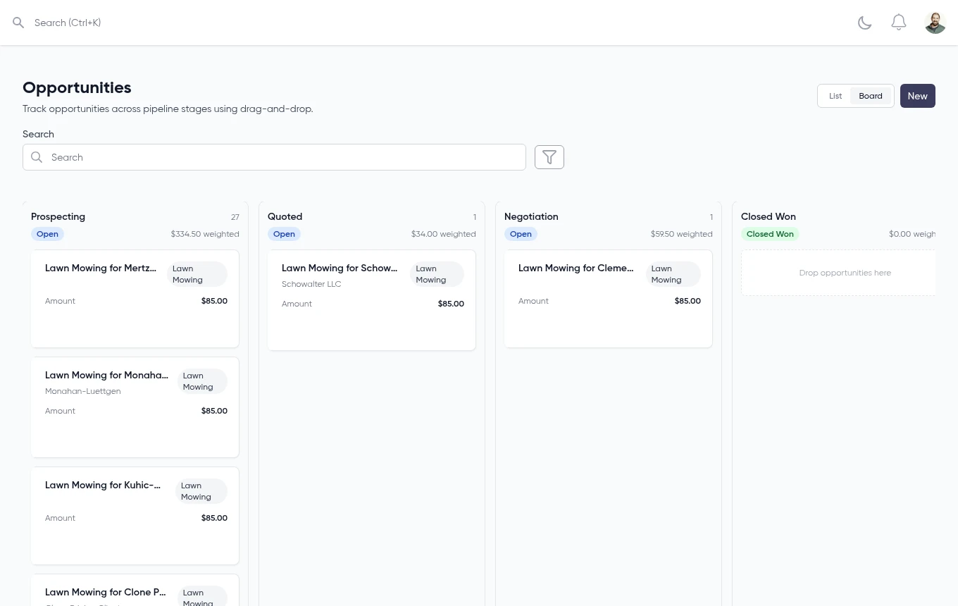 Opportunities pipeline board with weighted stage values