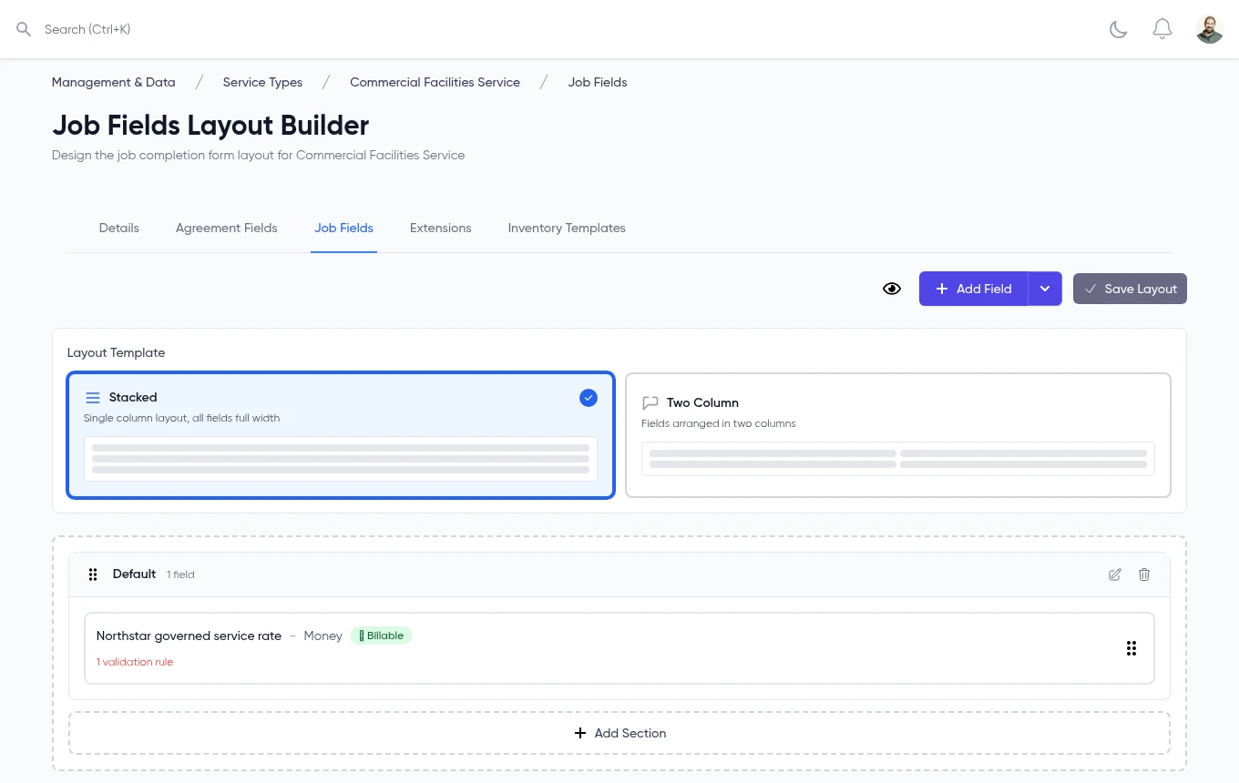 Service Grep job fields layout builder showing a drag-and-drop stacked layout with a billable Money field