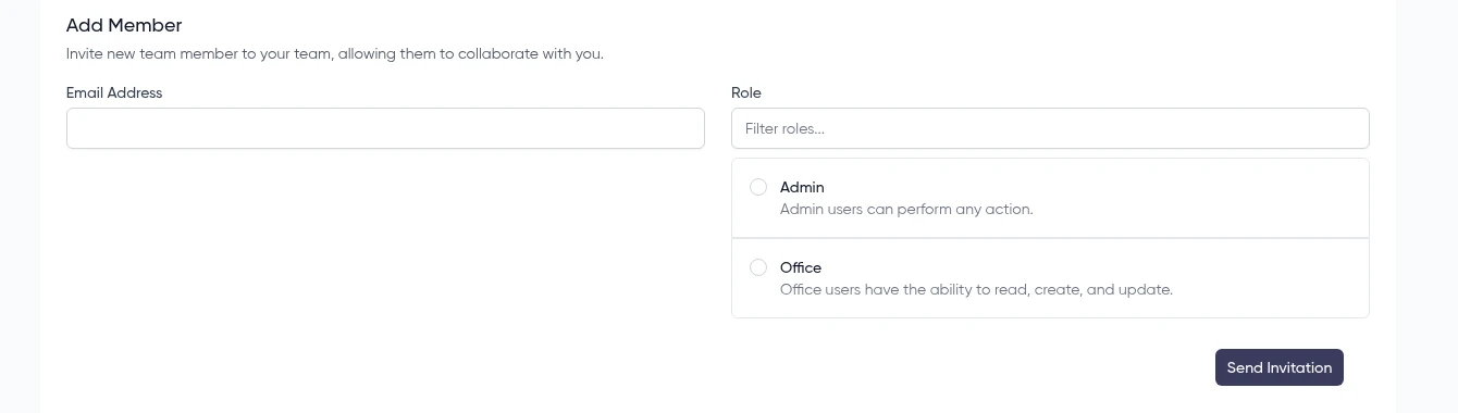 Service Grep team member invite screen showing Admin and Office role options