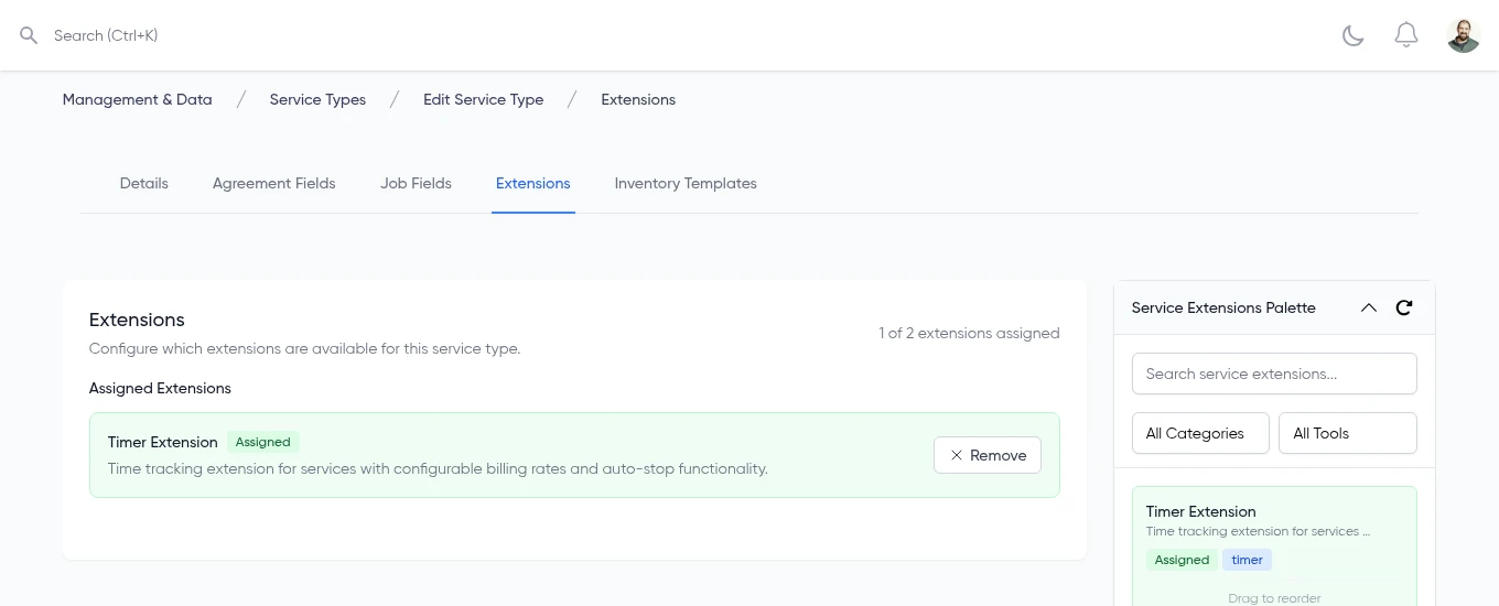 Service Grep service extensions screen showing the Timer Extension assigned to a service type