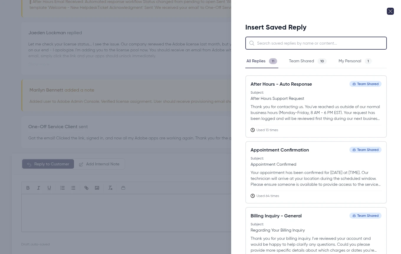 Agent selecting a saved reply to insert into a ticket response