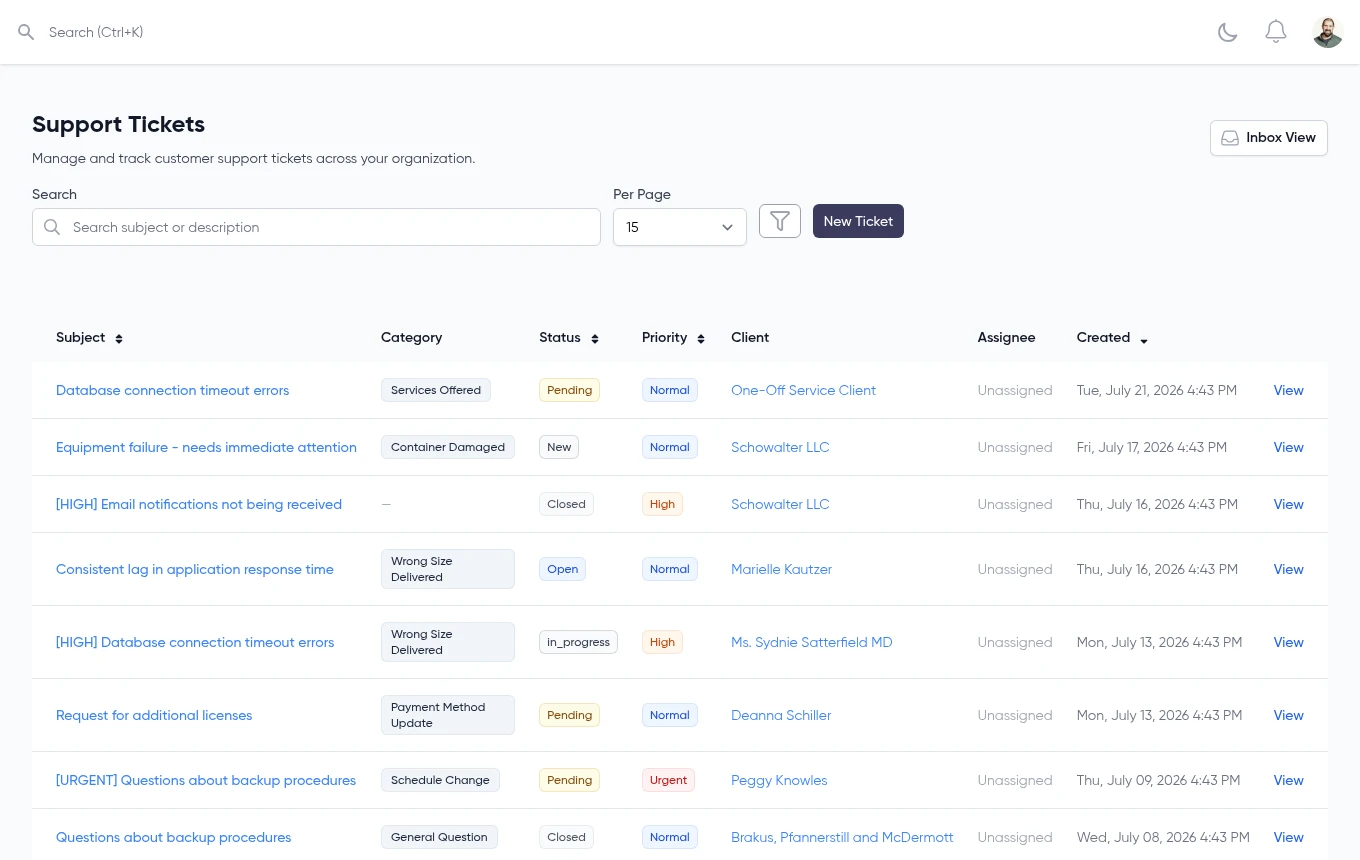 Support ticket list with status, priority, and category filters
