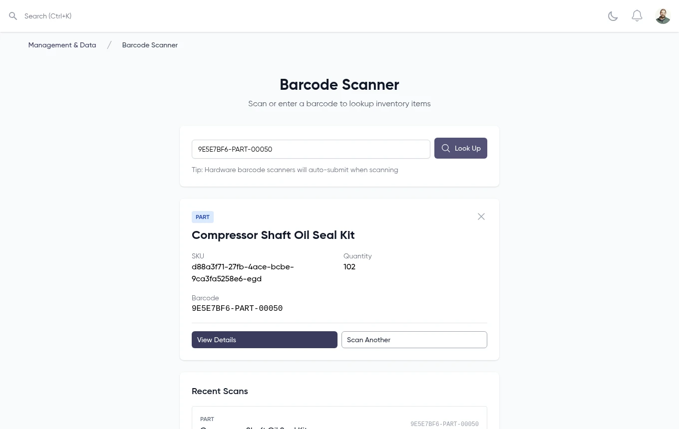 Service Grep barcode scanner showing a scanned part with SKU, quantity, and barcode details