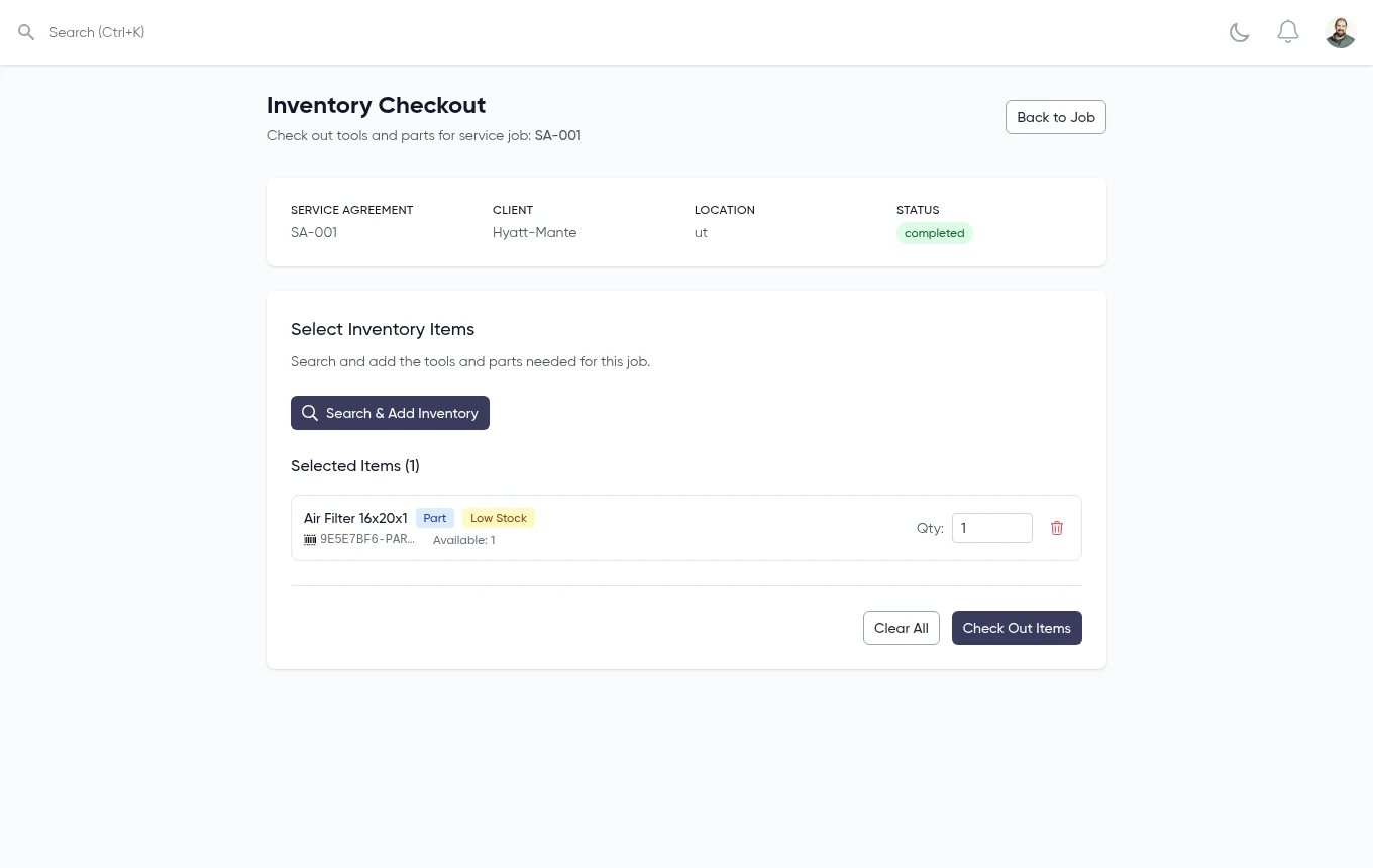 Service Grep inventory checkout screen showing a part checked out for a service job with a low stock badge