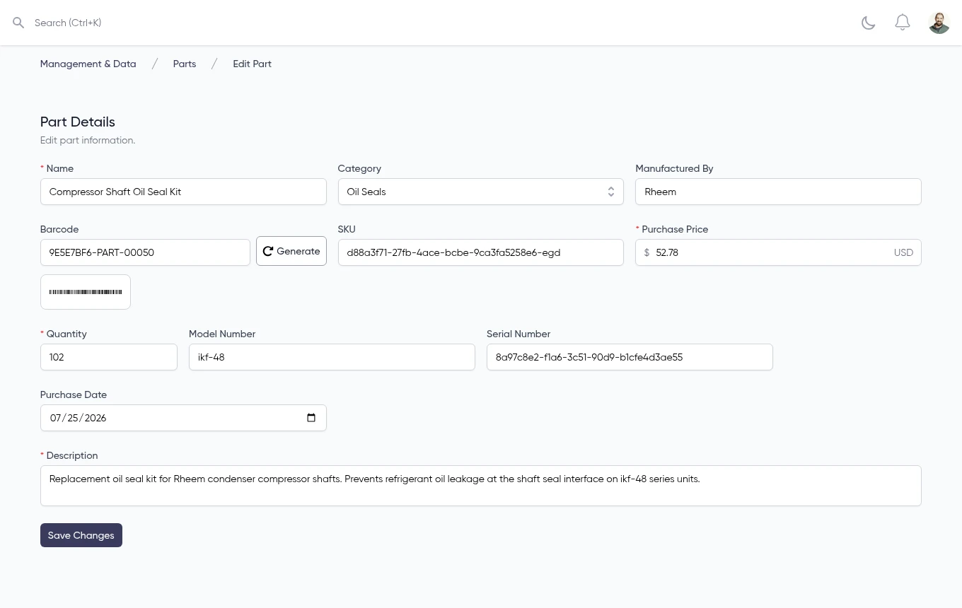 Service Grep part details form showing manufacturer, barcode, category, and purchase price fields
