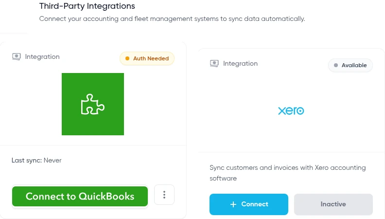Service Grep third-party integrations settings showing QuickBooks and Xero connection cards