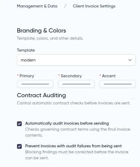 Service Grep client invoice settings showing branding, colors, and automatic contract auditing controls