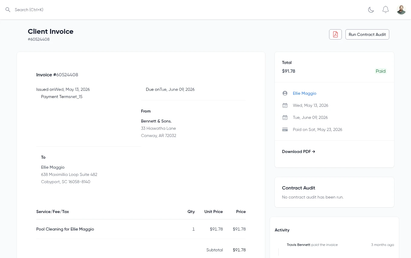 A paid Service Grep client invoice showing line items, payment terms, total, and activity history