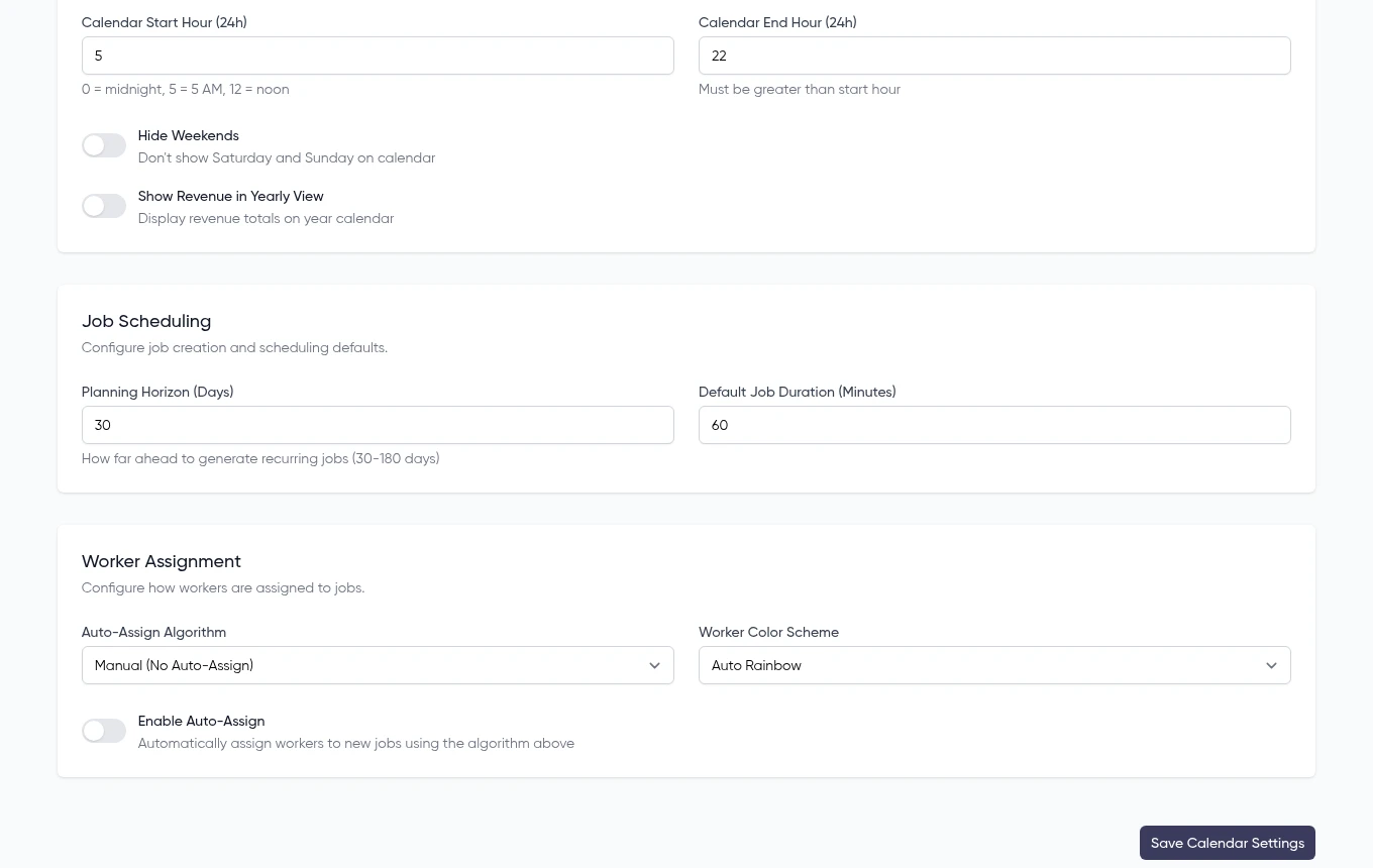 Calendar and scheduling settings with auto-assign algorithm options