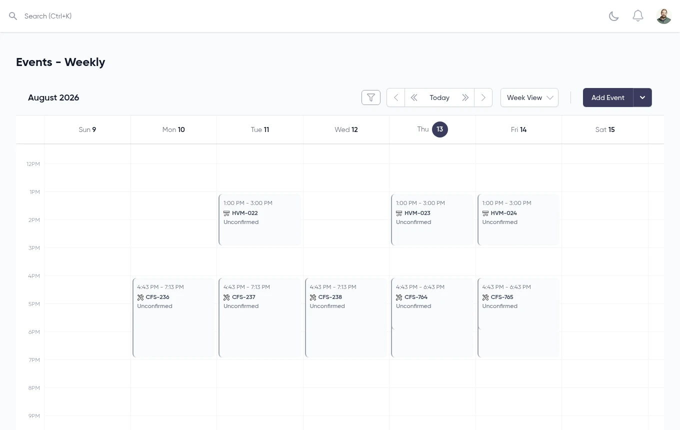 Weekly calendar view with jobs across all days