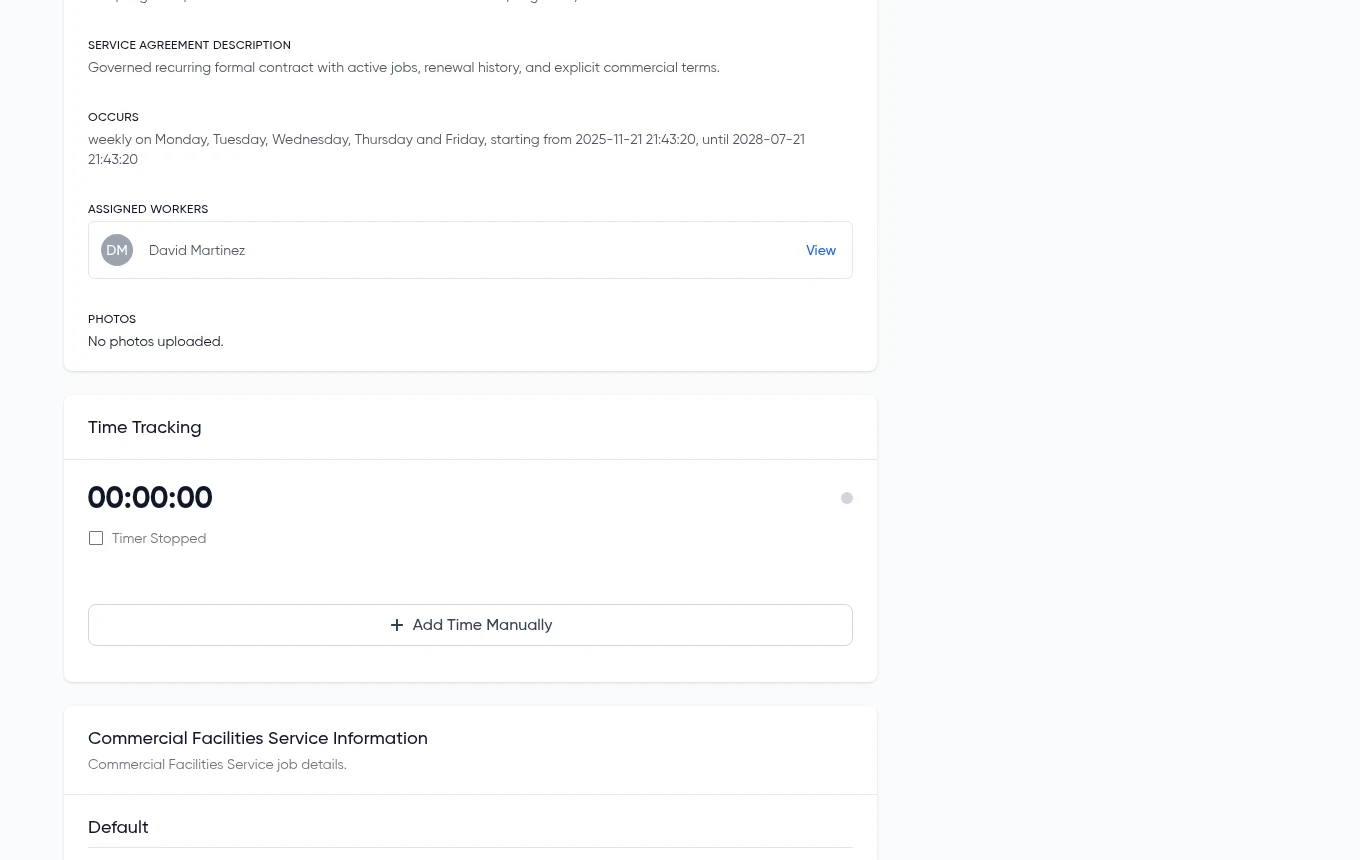 Time Tracking widget on a service job with start, pause, stop, and manual entry